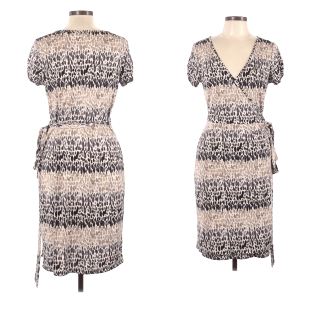 LOFT Leopard Print Like Faux Wrap‎ Dress Ruched Sleeve Midi Dress Medium NEW